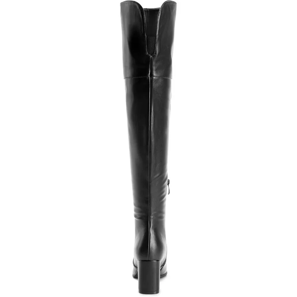 Women's Black-pu Faux Suede Thigh High Block Heel Over The Knee Pointed Toe Boot